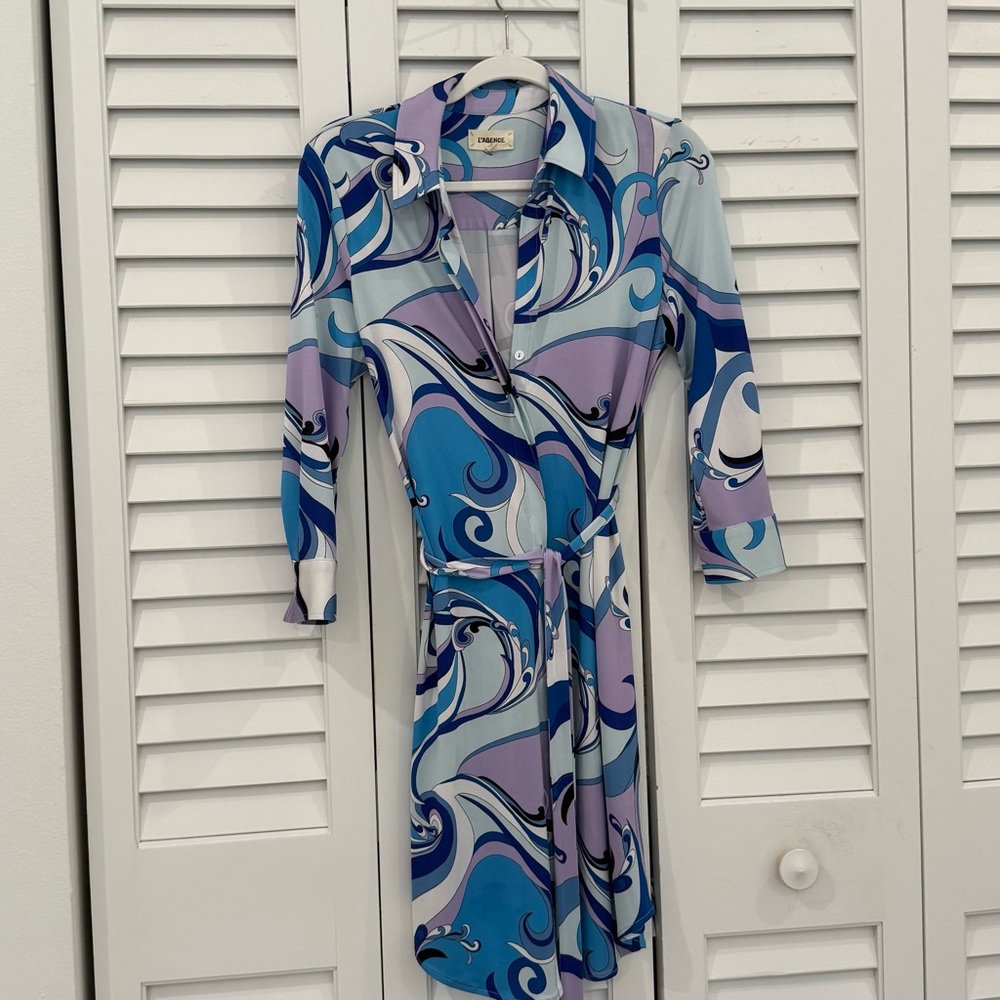 L’AGENCE purple and blue dress with tie